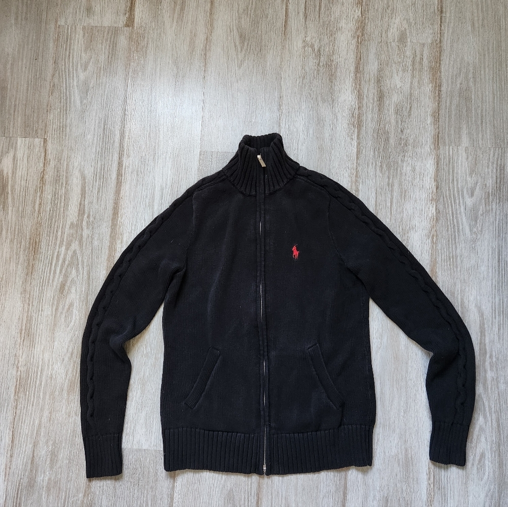 VTG Ralph Lauren Full Zip Sweater Black High Neck Knit Heavyweight Youth Sz L - Picture 1 of 10